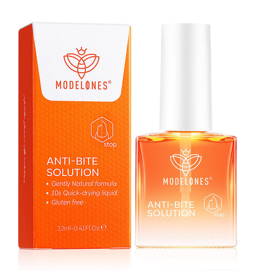 modelones front bottle showing clear anti-biting polish and easy application benefit