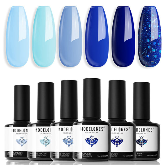 modelones front packaging showing six blue gel bottles and benefit of cohesive palette