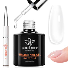 modelones front packaging showing clear builder gel and brush, easy identification benefit