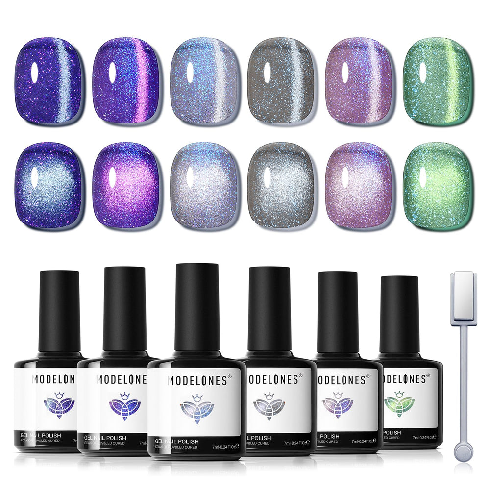 modelones front packaging showing 6 cat eye gel bottles and magnet, ideal starter kit