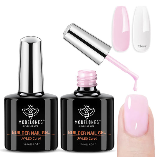 modelones front packaging duo showing clear and baby pink bottles with branding and benefits