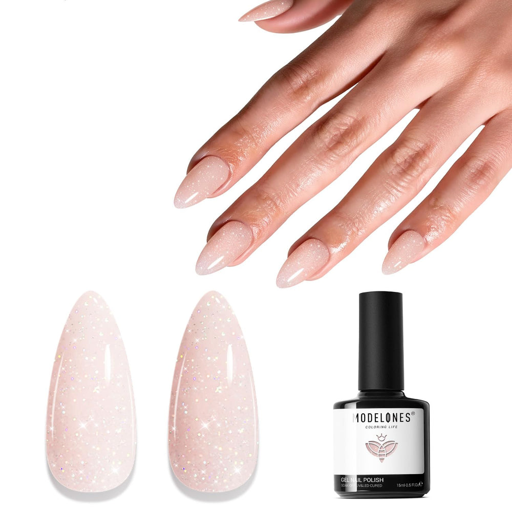 modelones front packaging showing nude pink glitter polish and benefits