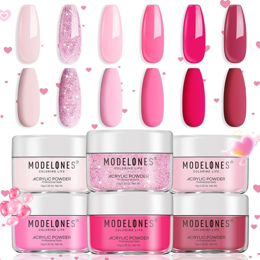 Modelones front packaging showing six pink acrylic powder jars and kit benefits