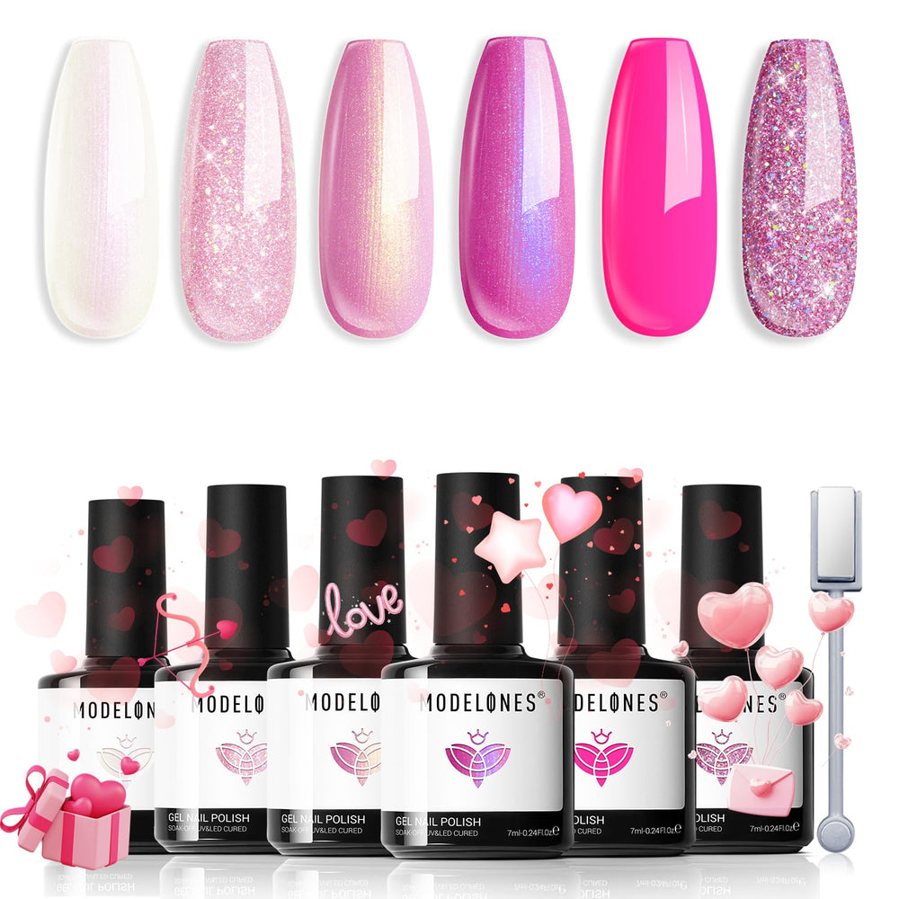 modelones front packaging showing six pink glitter bottles and magnet, gift-ready