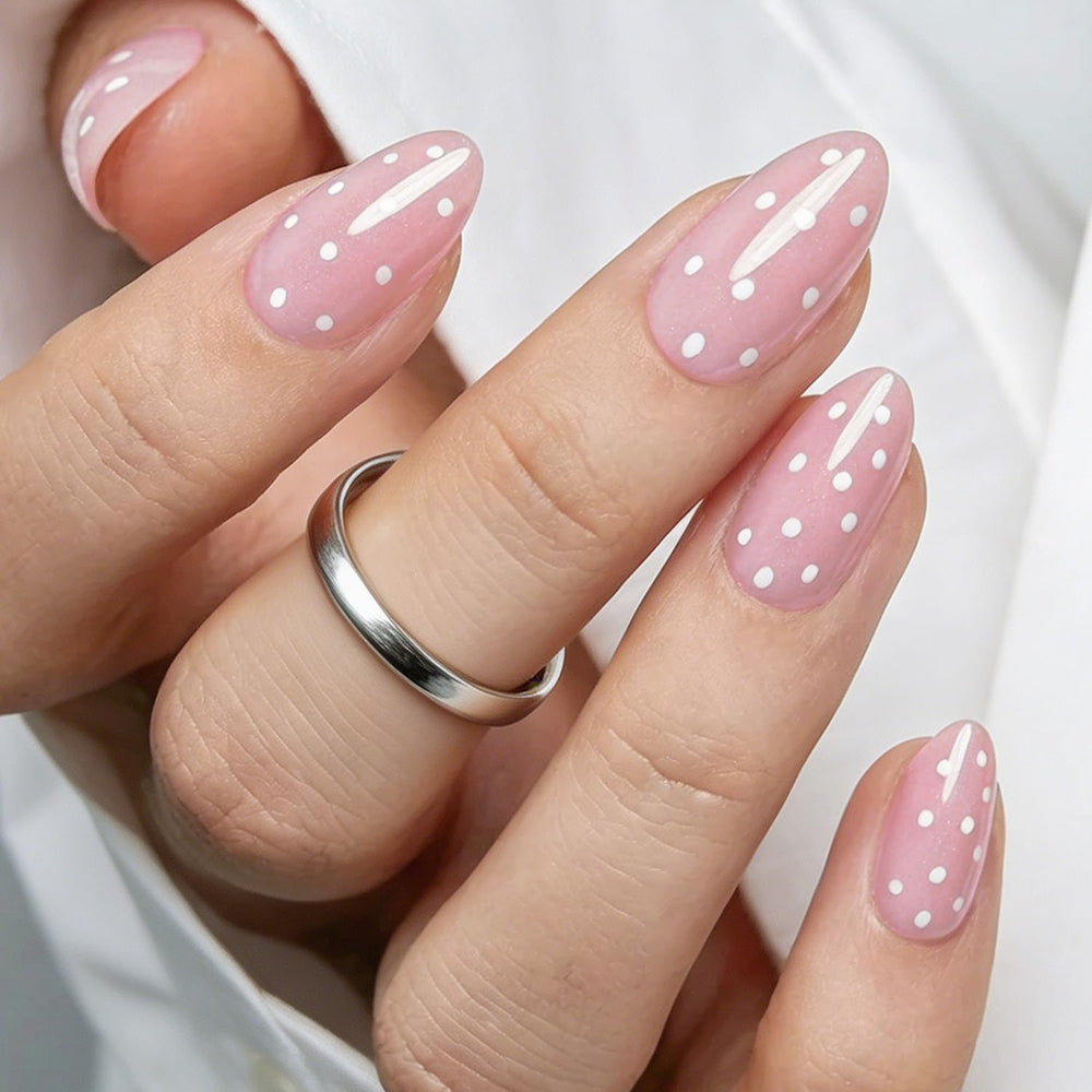 modelones front packaging showing polka dot almond set and included tools for quick application