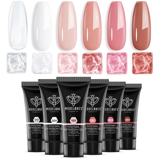 modelones front packaging showing all six builder gel bottles and benefits