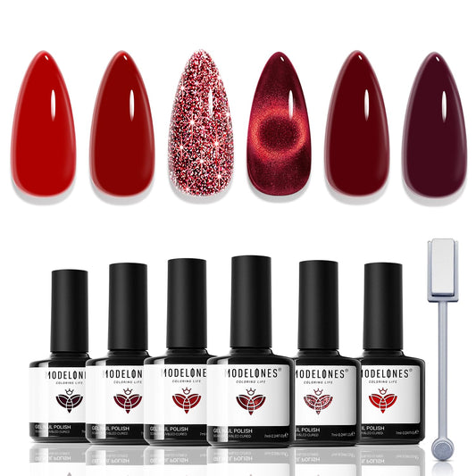 modelones front packaging showing six red gel bottles and neat presentation benefit easy selection