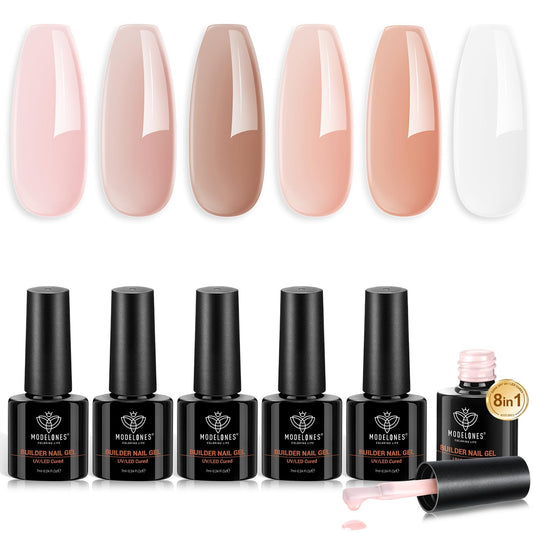 modelones front packaging showing six nude builder gel bottles and benefits