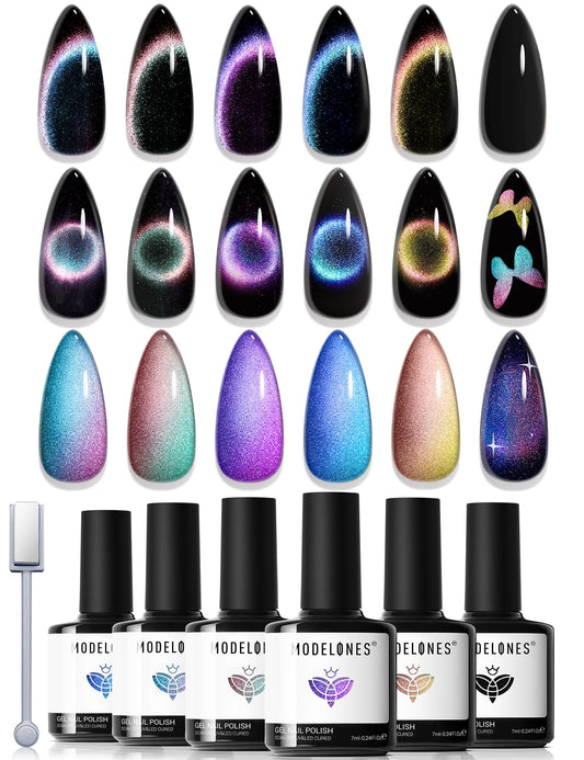 modelones front packaging showing all six polishes and magnet, clear kit display benefit