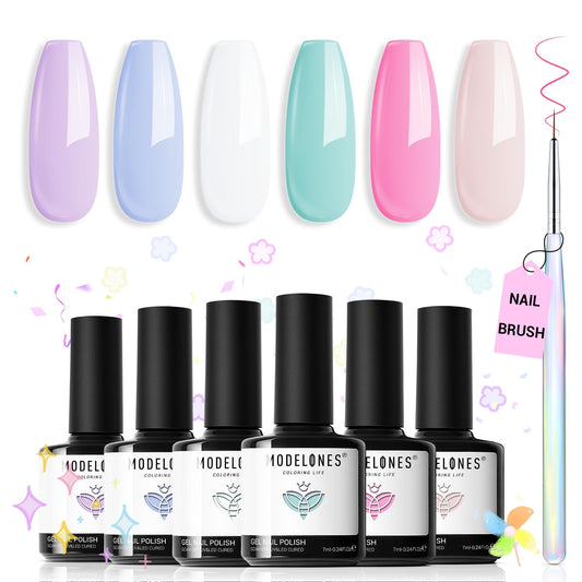 modelones front packaging showing six pastel gel bottles and brush, easy-start benefit