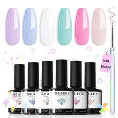 modelones front packaging showing six pastel gel bottles and brush, easy-start benefit
