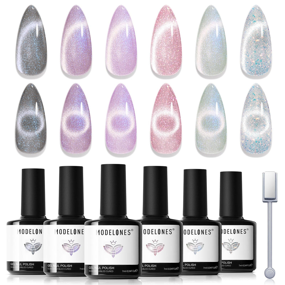 modelones front packaging showing six pastel cat-eye gel bottles, professional presentation