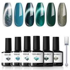 modelones front packaging showing six blue green gel bottles and magnet benefits long-lasting shine