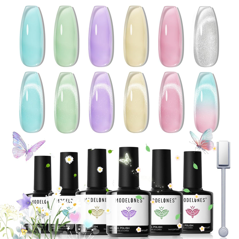 modelones front packaging displaying six gel polish bottles and magnet, compact set benefit