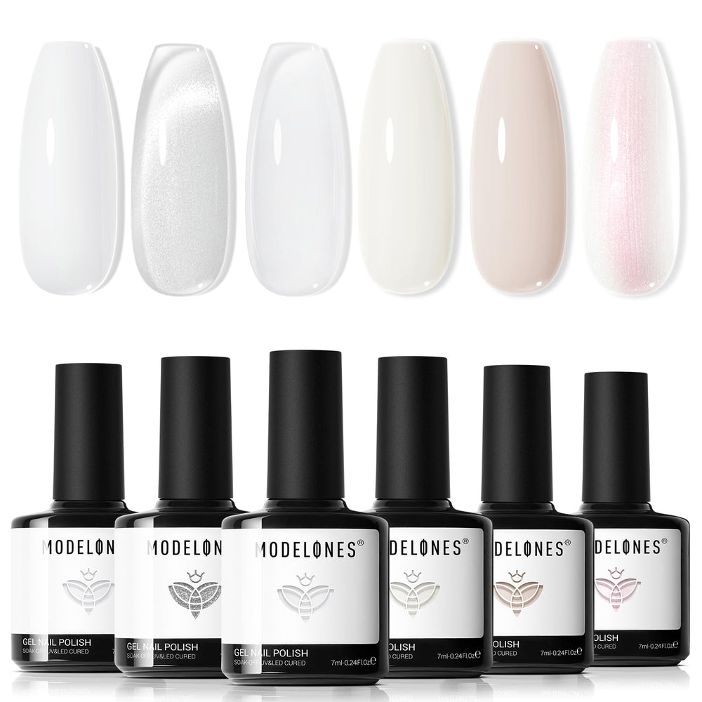 modelones front packaging showing six milky white gel bottles and magnet, conveys complete kit