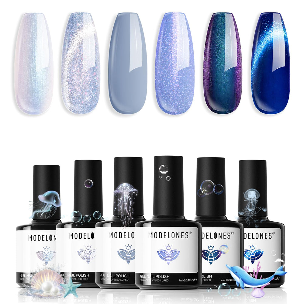 modelones styled nails at a party highlighting showy blue glitter for events
