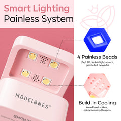 Modelones lamp curing a manicure illustrating fast portable gel drying benefit