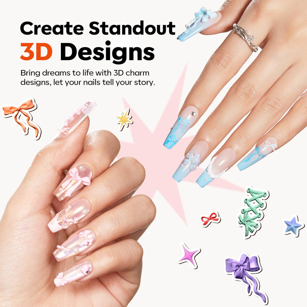 modelones molded 3D bow charms placed on nail tips showing ready-to-apply decorations