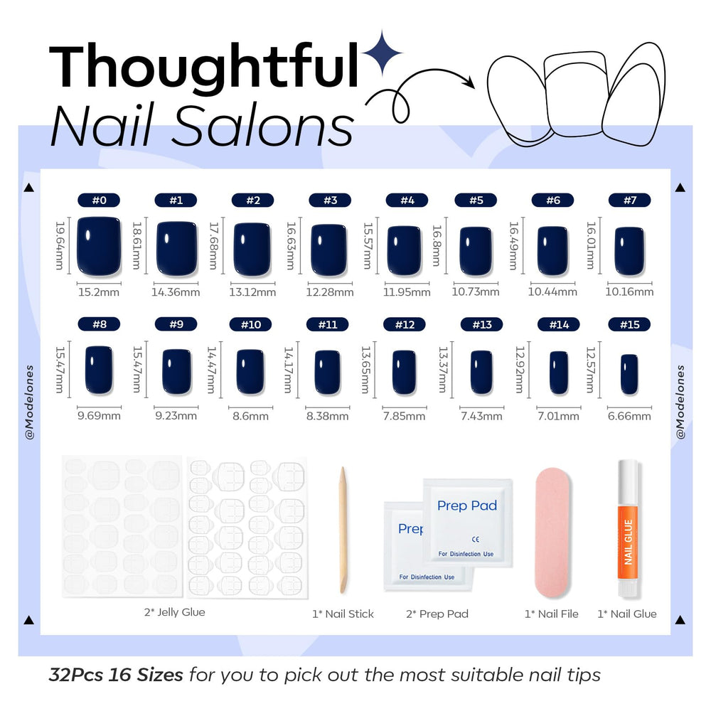 Modelones nails applied on fingers with navy swatch to show polished, ready-to-wear look