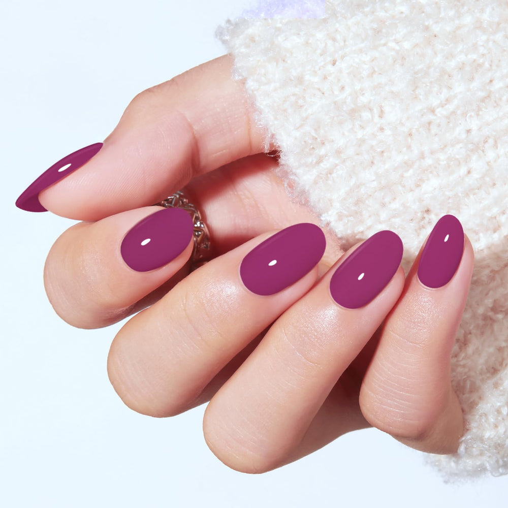 modelones plum nail swatch closeup showing glossy oval finish