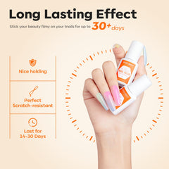 Modelones press-on application in hand showing quick placement and immediate hold