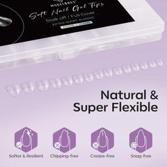 modelones tips next to hand showing short almond scale and natural look