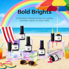 modelones six bottle flatlay displaying vibrantly colored neon gels for creative mixes