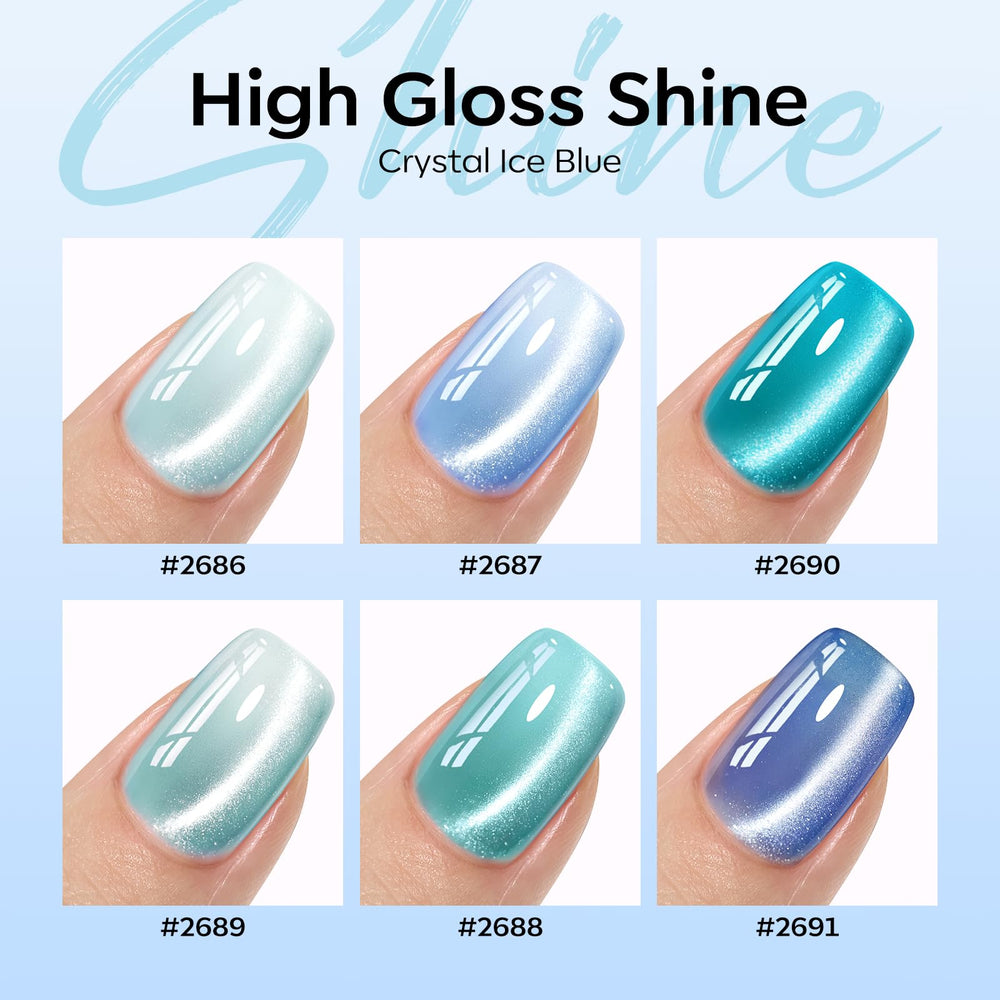 modelones six bottles arranged to show blue and green shade range