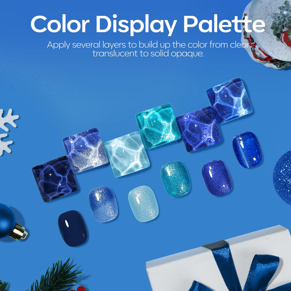 modelones six gel polish bottles lined to display cohesive blue shades
