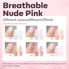 modelones six nude pink builder gel bottles arranged, consistent salon-toned shades