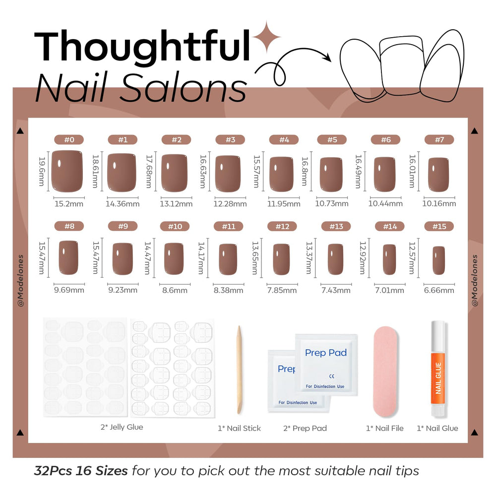 modelones assorted nail sizes arranged to show 16 size options for a custom fit benefit