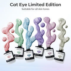 modelones swatch fan of six holographic shades displaying distinct 9D shimmer options