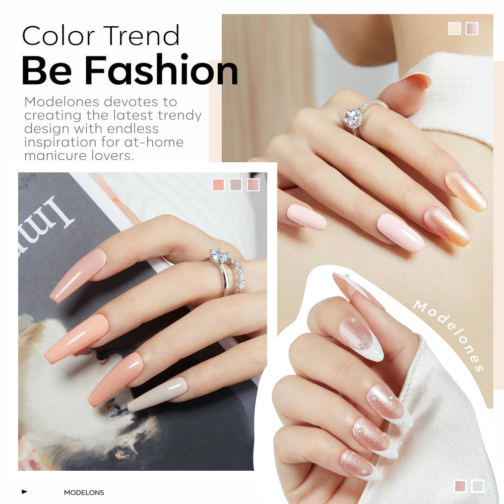 modelones nail tip swatches showing six neutral shades for color comparison