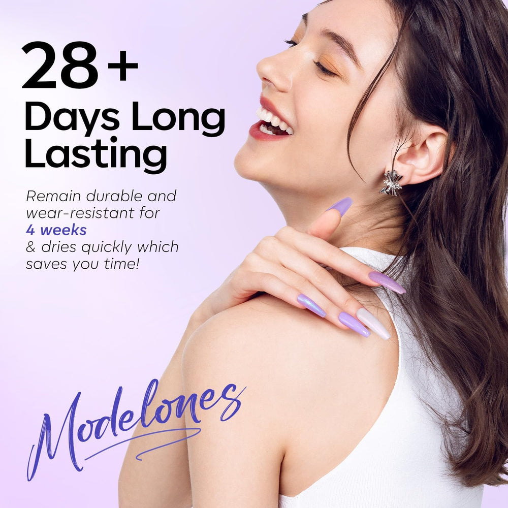 modelones violet polished nail in hand showing durable glossy result