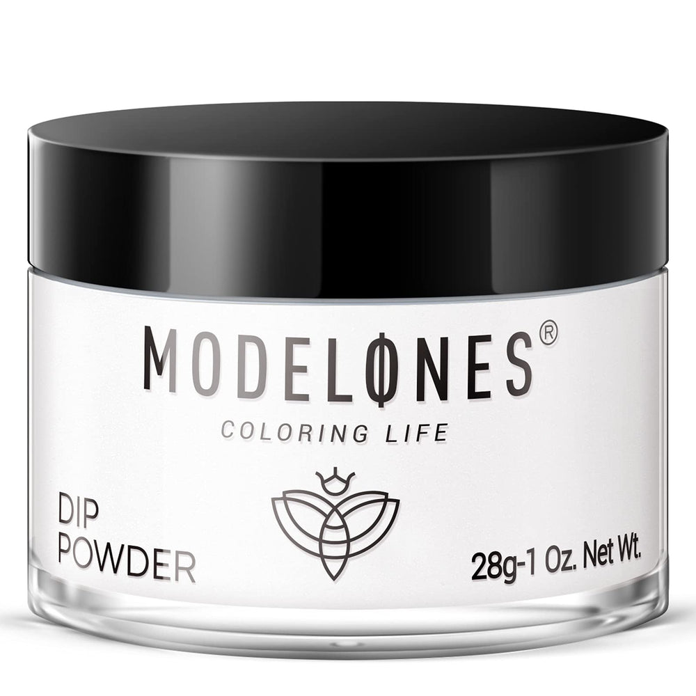 Modelones white dip powder jar front showing label and 1 oz capacity benefit