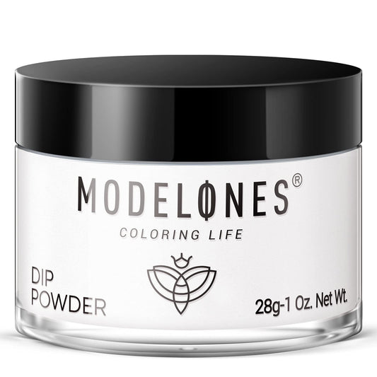 Modelones white dip powder jar front showing label and 1 oz capacity benefit