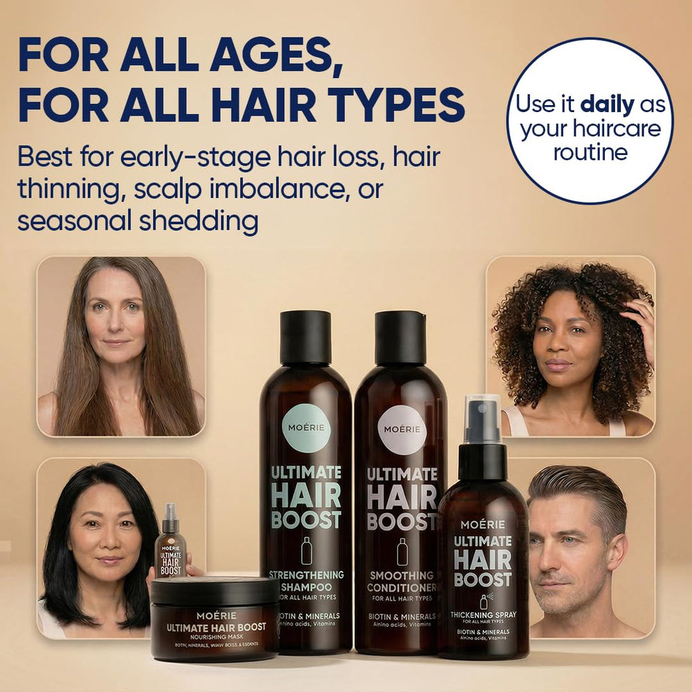 Moerie spray being applied to scalp for targeted thickening benefit
