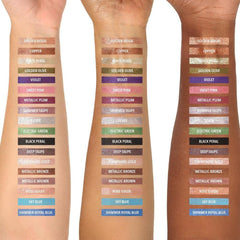 Moira swatches on arm demonstrating metallic payoff and blendable finish