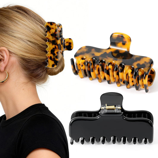 Molizummy front view of black and tortoise clips showing polished finish and versatile style