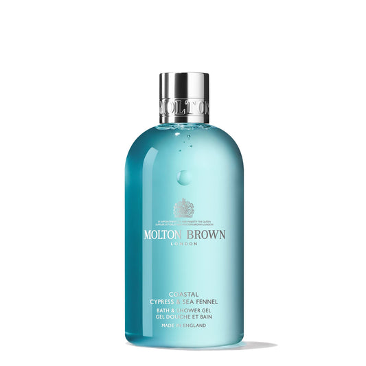 Molton Brown front bottle view showing coastal cypress label and premium design benefit