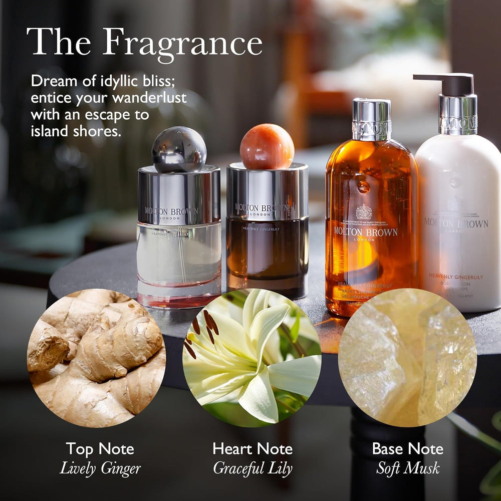 Molton Brown close-up label showing product details benefit: clear ingredient reassurance