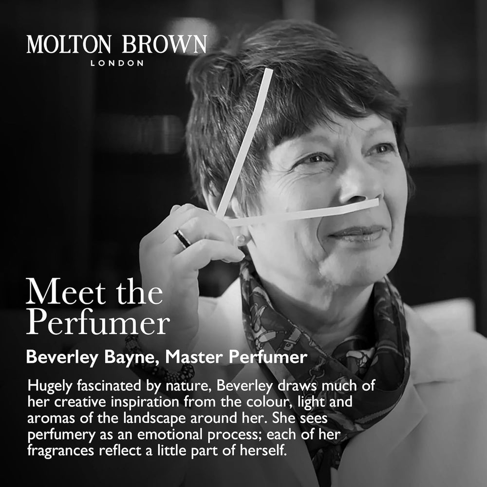 Molton Brown label closeup showing product name and vegan formula benefit