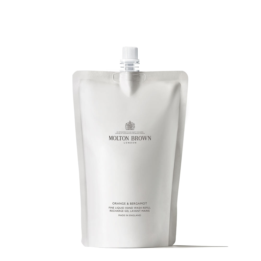 Molton Brown refill pouch front view showing citrus packaging and eco benefit