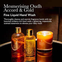 Molton Brown close-up of 23.5-carat gold flakes suspended in the hand wash for visual luxury
