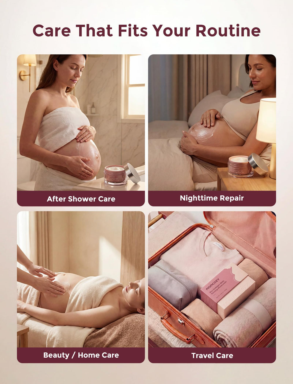 Momcozy cream applied to thigh demonstrating multi-area use and firmness support