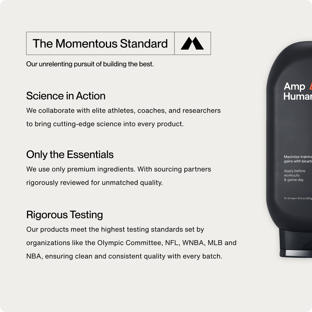 Momentous PR Lotion 300 g bottle next to hand showing size and portability benefit
