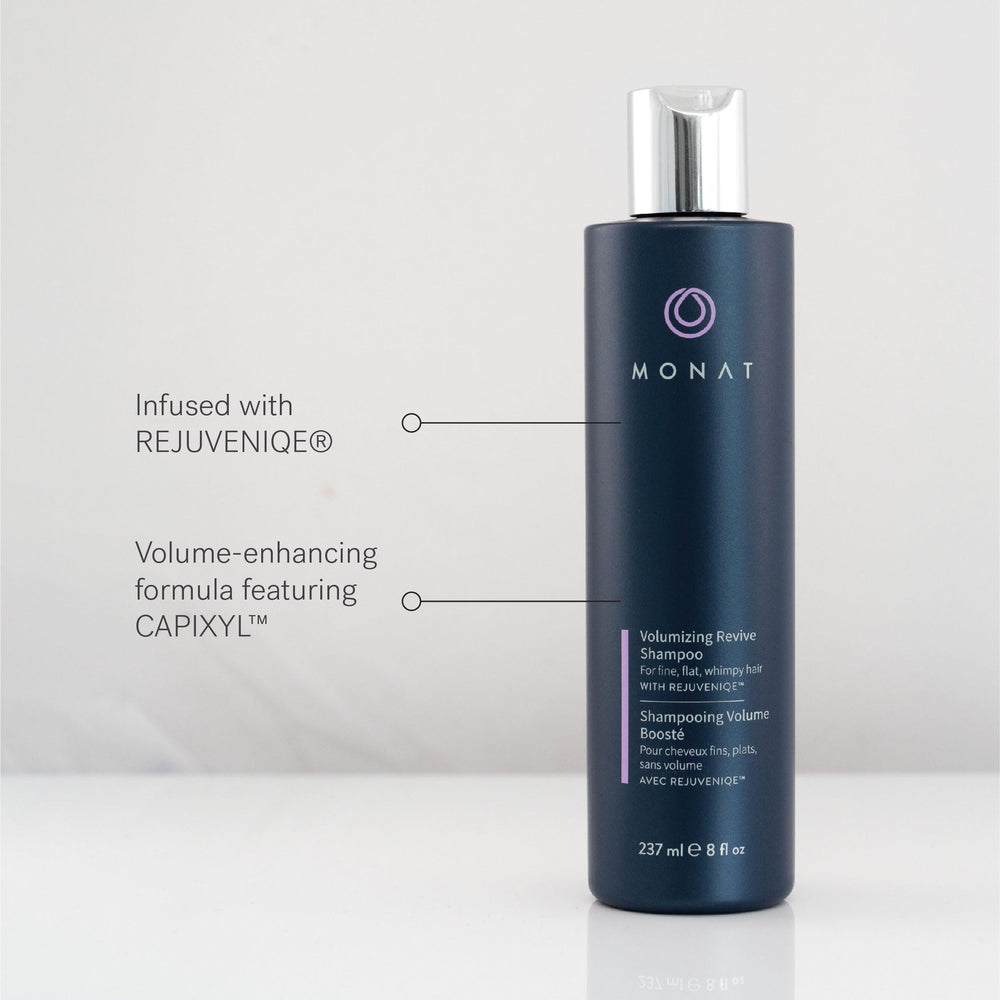 MONAT label close-up highlighting REJUVENIQE and CAPIXYL benefits