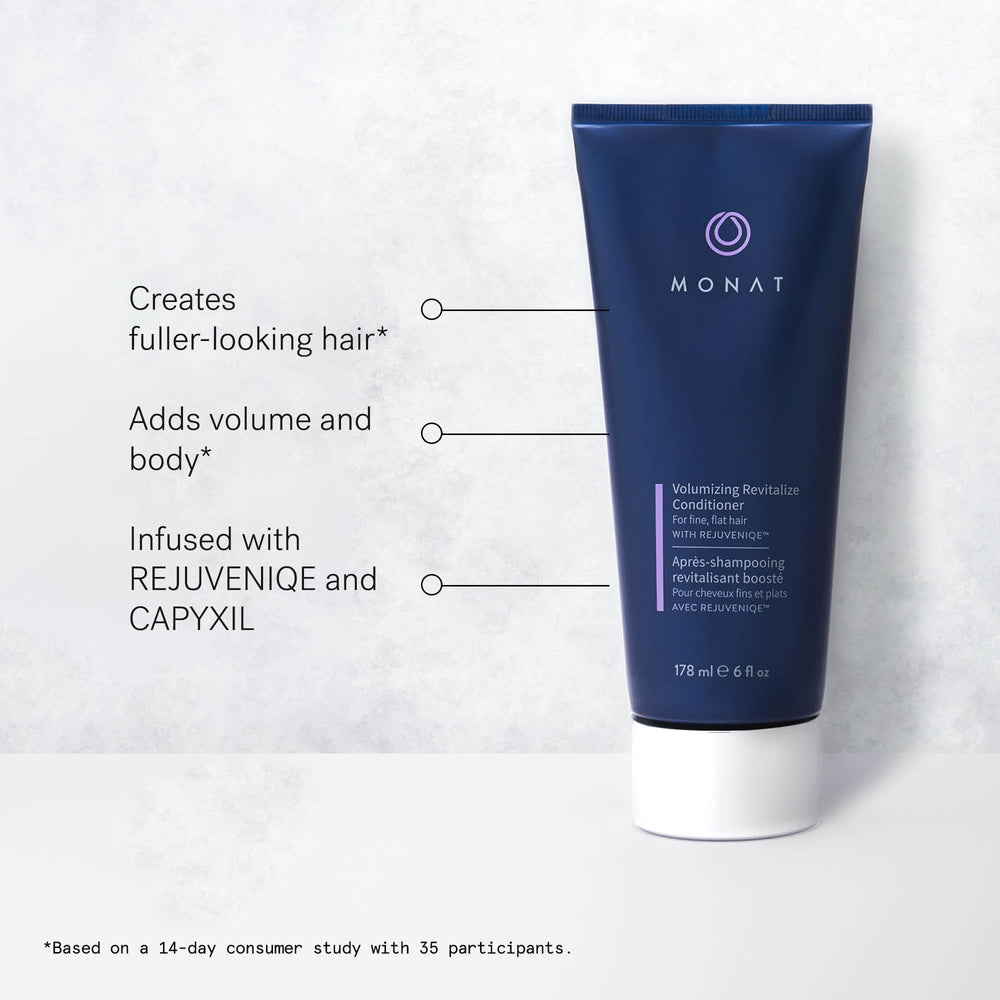 MONAT shampoo and conditioner set arranged on bath shelf for routine organization