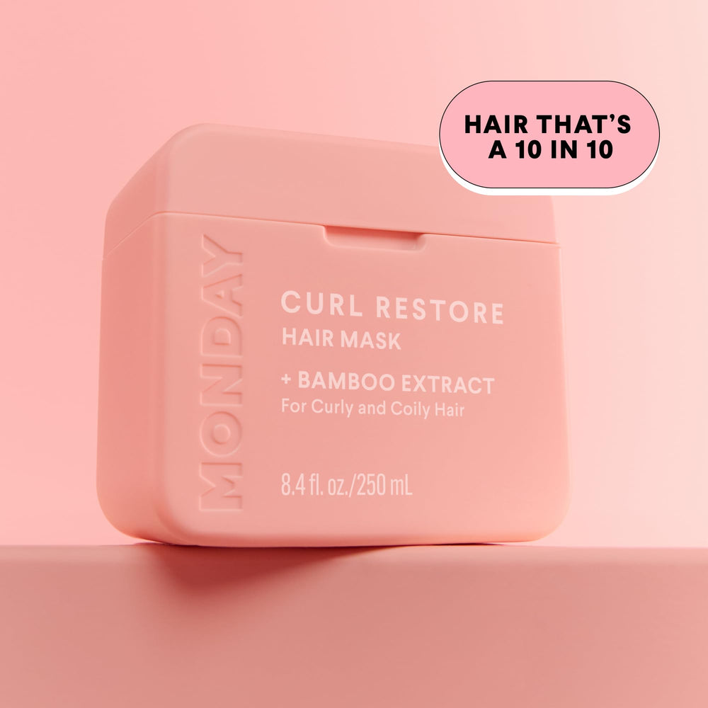MONDAY HAIRCARE jar on bathroom shelf suggesting routine-friendly care