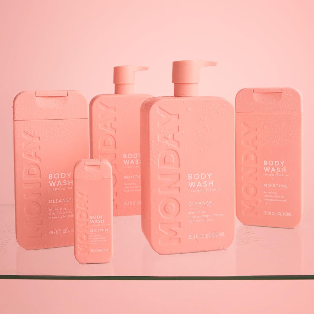 MONDAY HAIRCARE dual-pack on bathroom shelf conveying value and everyday convenience